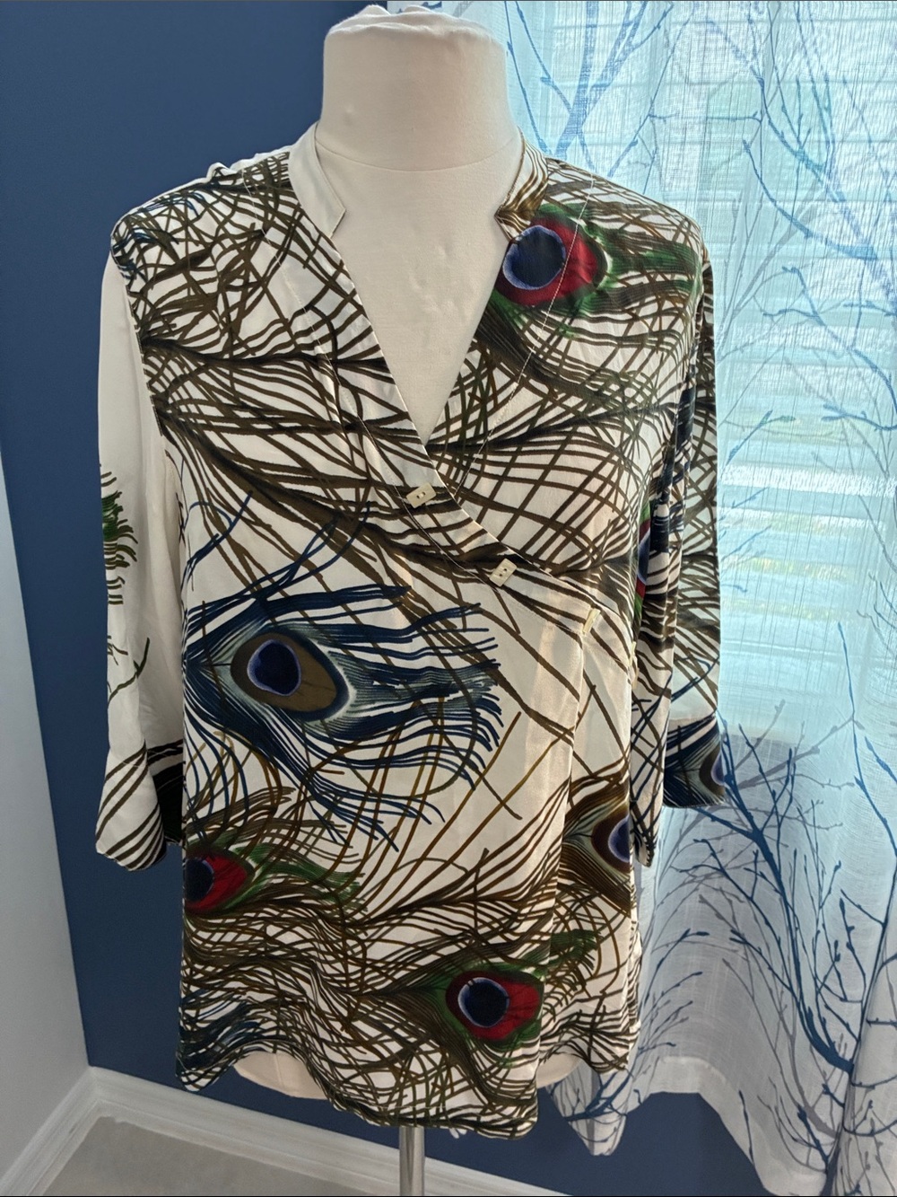 Tianello by Steve Barraza Abstract Peacock Feather Print V-Neck Silk Blouse